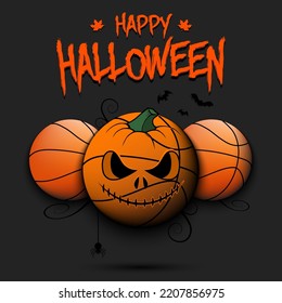 Happy Halloween. Template basketball design. Three basketball balls, one of which is in as a pumpkin. Pattern for banner, poster, greeting card. Vector illustration on an isolated background