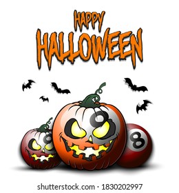 Happy Halloween. Template billiard design. Billiard balls in the form of a pumpkins on an isolated background. Pattern for banner, poster, greeting card, flyer, party invitation. Vector illustration