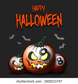 Happy Halloween. Template billiard design. Billiard balls in the form of a pumpkins on an isolated background. Pattern for banner, poster, greeting card, flyer, party invitation. Vector illustration
