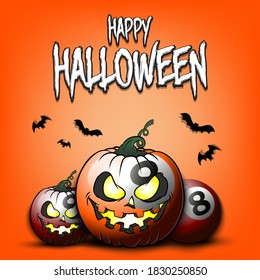 Happy Halloween. Template billiard design. Billiard balls in the form of a pumpkins on an isolated background. Pattern for banner, poster, greeting card, flyer, party invitation. Vector illustration