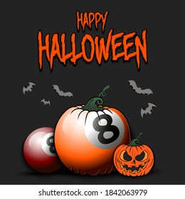Happy Halloween. Template billiard design. Billiard balls in the form of a pumpkins on an isolated background. Pattern for banner, poster, greeting card, flyer, party invitation. Vector illustration