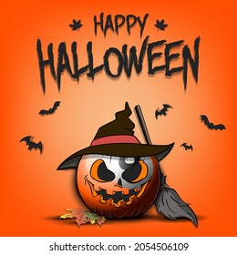 Happy Halloween. Template billiard design. Billiard ball in the form of a pumpkinin in witch hat on an isolated background. Pattern for banner, poster, greeting card, invitation. Vector illustration