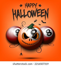 Happy Halloween. Template billiard design. Three billiard balls, one of which is in as a pumpkin. Pattern for banner, poster, greeting card, invitation. Vector illustration on an isolated background