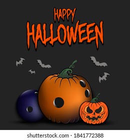 Feliz Halloween. Diseño de bolera de plantilla. Bolas de bolas en forma de calabazas en un fondo aislado. Patrón de banner, afiche, tarjeta de saludo, volante, invitación a fiesta. Ilustración del vector