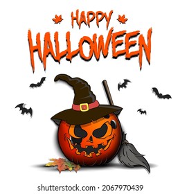 Happy Halloween. Template bowling design. Bowling ball in the form of a pumpkinin in witch hat on an isolated background. Pattern for banner, poster, greeting card, invitation. Vector illustration