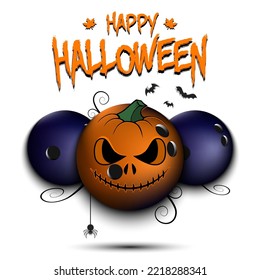 Happy Halloween. Template bowling design. Three bowling balls, one of which is in as a pumpkin. Pattern for banner, poster, greeting card, invitation. Vector illustration on an isolated background