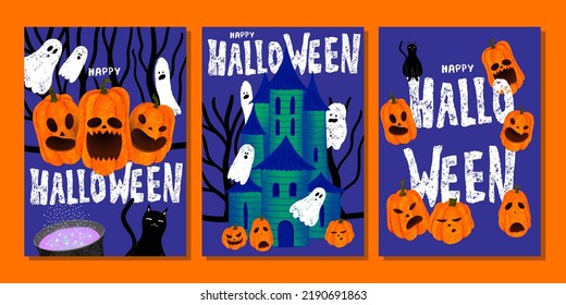 Happy Halloween template with chalk lettering. Vector illustration with different pumpkins, house of ghosts, cauldron with potion, black cat. Poster, card, cover with hand drawn Halloween objects