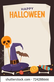 Happy Halloween. Template children diploma with place for your text. Vector illustration. Witch hat, spider web, skull, bat, candy canes and chocolates.