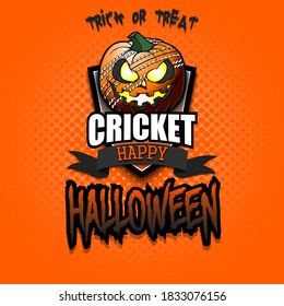 Happy Halloween. Template cricket design. Logo cricket ball in the form of a pumpkin on an isolated background. Pattern for banner, poster, greeting card, flyer, party invitation. Vector illustration