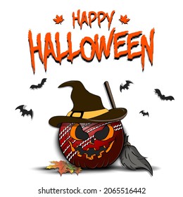 Happy Halloween. Template Cricket design. Cricket ball in the form of a pumpkinin in witch hat on an isolated background. Pattern for banner, poster, greeting card, invitation. Vector illustration