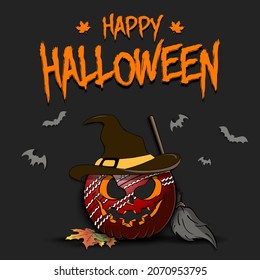 Happy Halloween. Template Cricket design. Cricket ball in the form of a pumpkinin in witch hat on an isolated background. Pattern for banner, poster, greeting card, invitation. Vector illustration