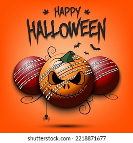 Happy Halloween. Template cricket design. Three soccer balls, one of which is in as a pumpkin. Pattern for banner, poster, greeting card, invitation. Vector illustration on an isolated background