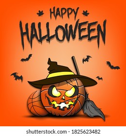 Happy Halloween. Template design. Basketball ball in the form of a pumpkinin in witch hat on an isolated background. Pattern for banner, poster, greeting card, invitation. Vector illustration