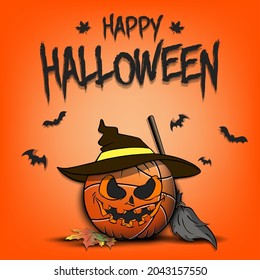 Happy Halloween. Template design. Basketball ball in the form of a pumpkinin in witch hat on an isolated background. Pattern for banner, poster, greeting card, invitation. Vector illustration