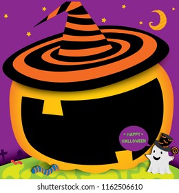 Happy Halloween template design with ghost and pumpkin shape for frame put on witch hat on purple background.