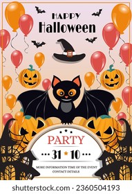 Happy Halloween template design invitation flyer or party poster. Drawing placard with bat, pumpkin and balloons. Invitation cover layout. October 31 holiday evening promotional artwork. Vector 