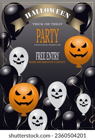 Happy Halloween template design invitation flyer or party poster. Drawing elegant placard pumpkin, banner ribbon and balloons. Invitation cover layout. October 31 holiday evening promotional artwork. 