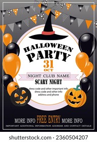 Happy Halloween template design invitation flyer or party poster. Drawing placard with evil pumpkin, hat and balloons. Invitation cover layout. October 31 holiday evening promotional artwork. Vector 
