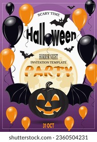 Happy Halloween template design invitation flyer or party poster. Drawing placard with bat, evil pumpkin and balloons. Invitation cover layout. October 31 holiday evening promotional artwork. Vector 