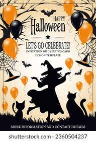 Happy Halloween template design invitation flyer or party poster. Drawing placard silhouette witch, full moon cat and balloons. Invitation cover layout. October 31 evening promotional artwork. Vector 