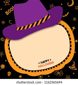 Happy Halloween template design with pumpkin shape for frame put on hipster hat on pattern background.