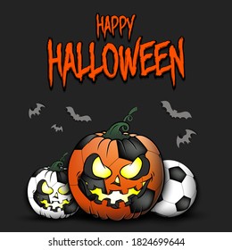 Happy Halloween. Template football design. Soccer balls in the form of a pumpkins on an isolated background. Pattern for banner, poster, greeting card, flyer, party invitation. Vector illustration
