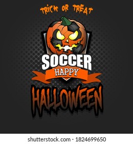 Happy Halloween. Template football design. Logo soccer ball in the form of a pumpkin on an isolated background. Pattern for banner, poster, greeting card, flyer, party invitation. Vector illustration