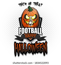 Happy Halloween. Template football design. Logo football ball in the form of a pumpkin on an isolated background. Pattern for banner, poster, greeting card, party invitation. Vector illustration