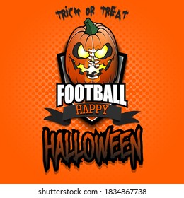 Happy Halloween. Template football design. Logo football ball in the form of a pumpkin on an isolated background. Pattern for banner, poster, greeting card, party invitation. Vector illustration