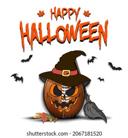 Happy Halloween. Template football design. Football ball in the form of a pumpkinin in witch hat on an isolated background. Pattern for banner, poster, greeting card, invitation. Vector illustration