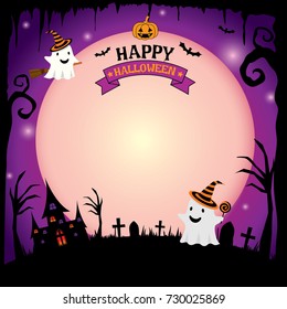Happy Halloween template with ghost on night background.