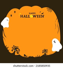 Happy-Halloween-Vorlage mit Gespenstern, Bäumen, Fledermäusen, Spinnen und Mond.Orange und schwarzer Hintergrund