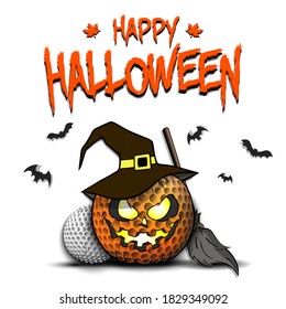 Happy Halloween. Template golf design. Golf ball in the form of a pumpkinin in witch hat on an isolated background. Pattern for banner, poster, greeting card, invitation. Vector illustration