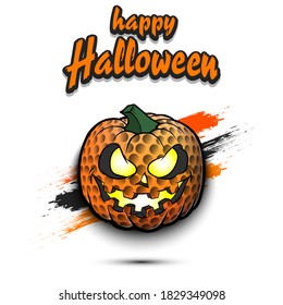 Happy Halloween. Template golf design. Golf ball in the form of a pumpkin on an isolated background. Pattern for banner, poster, greeting card, flyer, party invitation. Vector illustration