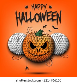 Happy Halloween. Template golf design. Three golf balls, one of which is in as a pumpkin. Pattern for banner, poster, greeting card, invitation. Vector illustration on an isolated background