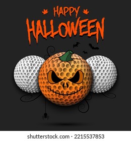 Happy Halloween. Template golf design. Three golf balls, one of which is in as a pumpkin. Pattern for banner, poster, greeting card, invitation. Vector illustration on an isolated background