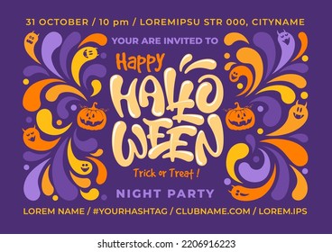 Happy Halloween template. Holiday calligraphy with pumpkin, ghosts, place for text and bright decorative elements. For banner, poster, greeting card, party invitation. Vector illustration