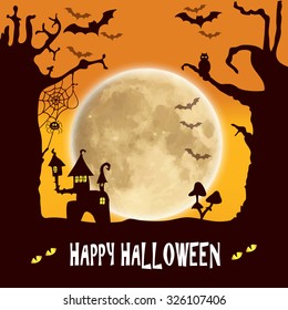 Happy Halloween template invitation card on a background of forest and moon
 