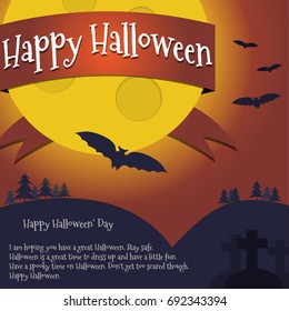 Happy halloween template with moon, bats, graves, mountain, trees and Space for text