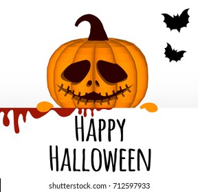 Happy Halloween. A template on a white background with a pumpkin head peeping out from behind the edge.