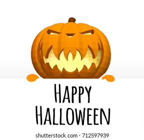 Happy Halloween. A template on a white background with a pumpkin head peeping out from behind the edge.