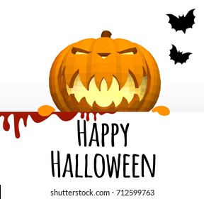 Happy Halloween. A template on a white background with a pumpkin head peeping out from behind the edge.