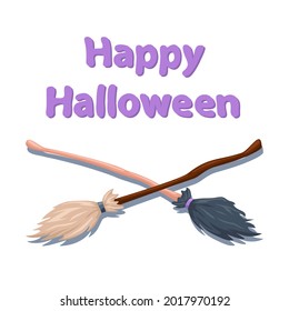 Happy Halloween. Template postcard with two brooms of a witch.