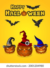 happy halloween template, pumpkin design wearing witch hat with different characters, happy halloween greeting card