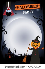 Happy Halloween template with pumpkin monster and vampire on night background.