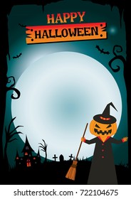 Happy Halloween template with pumpkin monster  on night background.