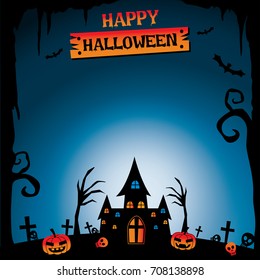 Happy Halloween template with pumpkin monster,skull and castle on night background.