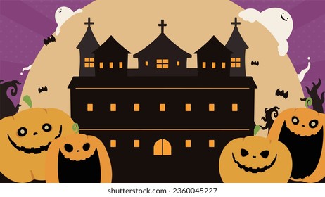 Happy Halloween Template with Pumpkins and Ghosts (purple)