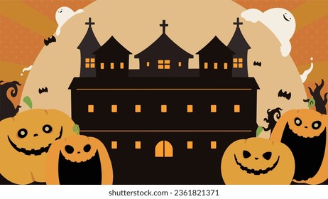 Frohe Halloween-Vorlage mit Kürbis und Geistern (orange)