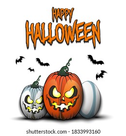 Happy Halloween. Template rugby design. Rugby balls in the form of a pumpkins on an isolated background. Pattern for banner, poster, greeting card, flyer, party invitation. Vector illustration